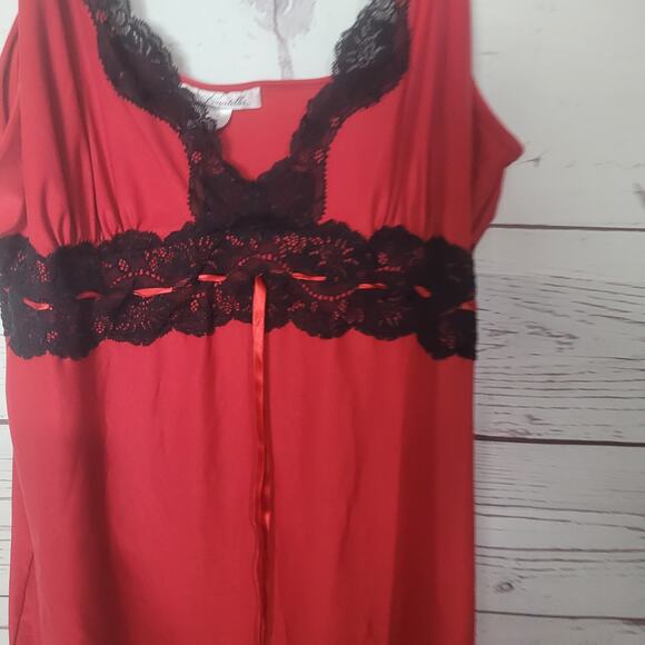 Linea Donatella Red Black Lace Trim Chemise Nightgown Womans Size Large - Picture 3 of 4